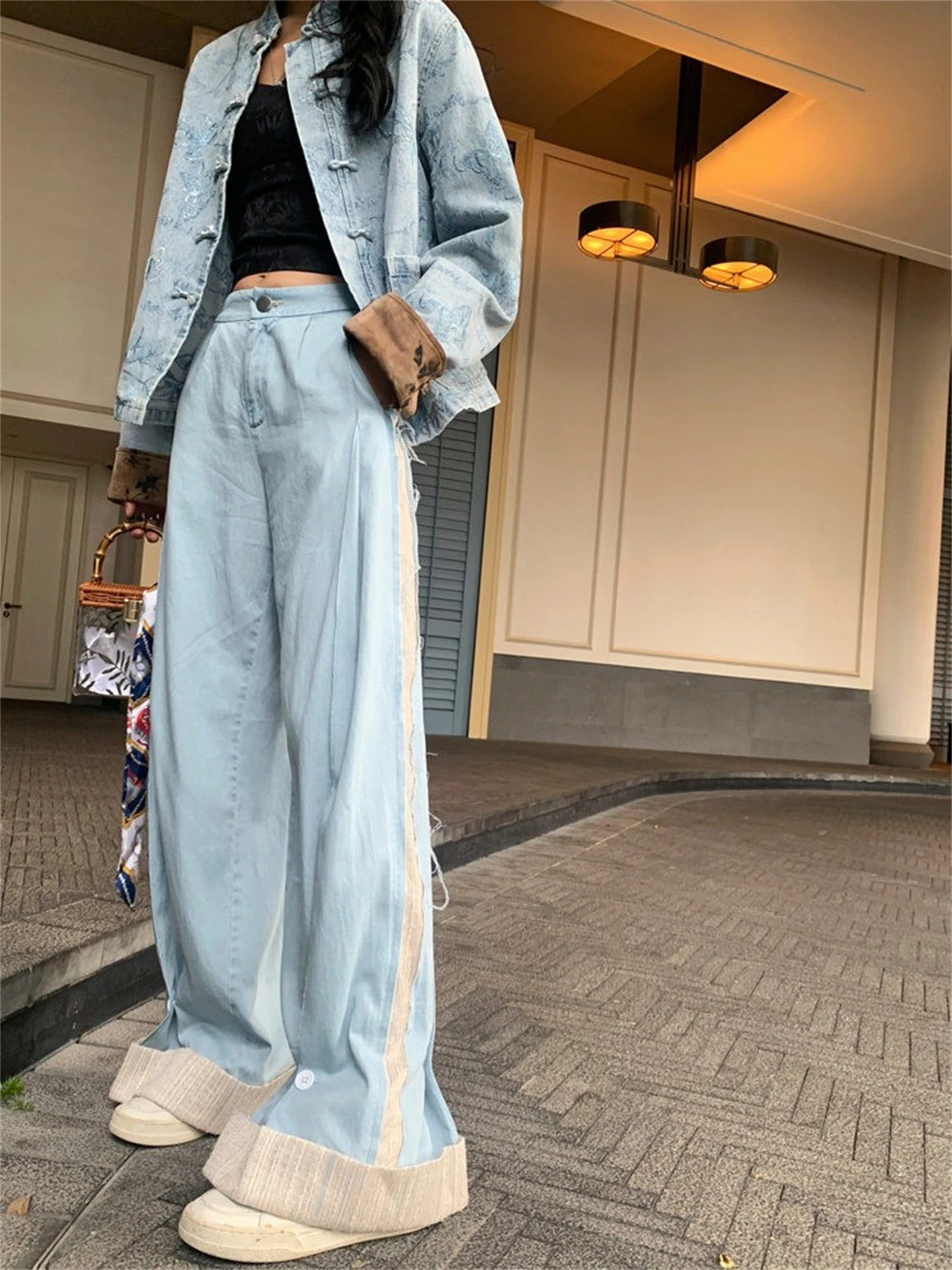 

High Waist Wide Leg Pants Loose Fit Blue White Color Blo Texture Thin Denim Jeans Women's Casual Sle Spring Summer