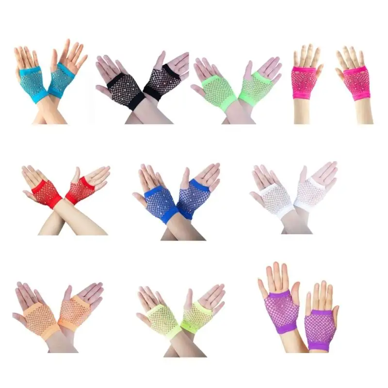 

39BB Trendy Fingerless Gloves Rhinestones Mesh Texture Lightweight Nylon For Dance Parties