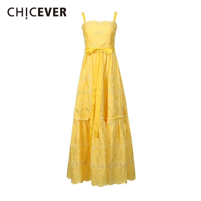 

CHICEVER Yellow Spliced Lace Up Dress Female Square Collar Sleeveless Loose Casual Relaxed Women's Dresses Summer Fashion Style