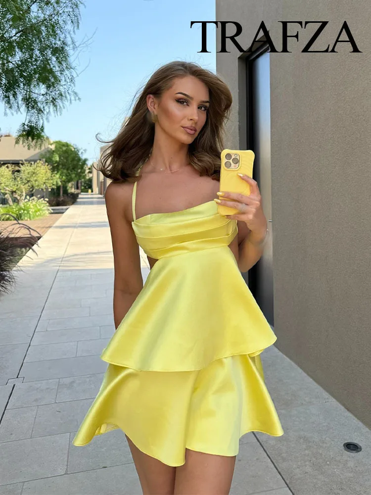 BabYoung Summer Fashion Women Mini Dress Yellow Square Collar Sleeveless Backless Hollow Out Zipper Female Sexy Chic Dresses