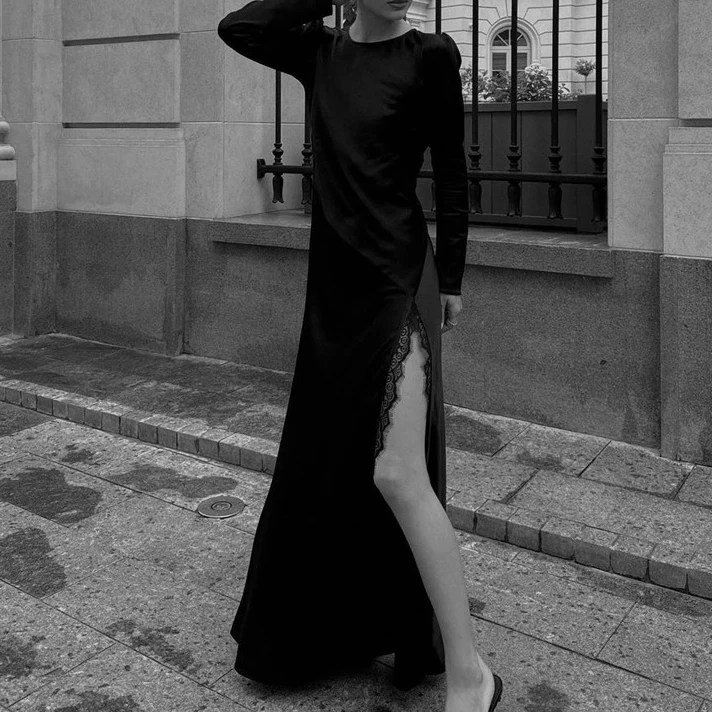 2025 แฟชั่นหลวมชุดซาตินสีดําผู้หญิง Elegant O-คอยาวแขนยาวข้อเท้าความยาวชุดเซ็กซี่หญิงชุดยาว