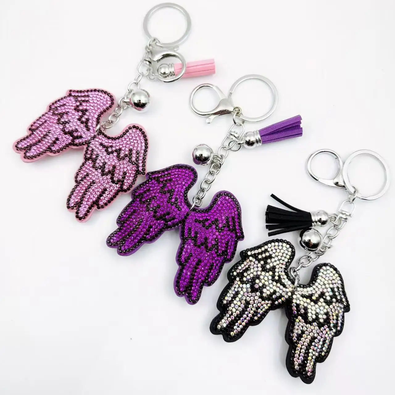Sparkly Rhinestone Angel Wing Keychain Korean Velvet Tassel Bell Charm Fashion Bag Backpack Pendant, Korean Style Ornament