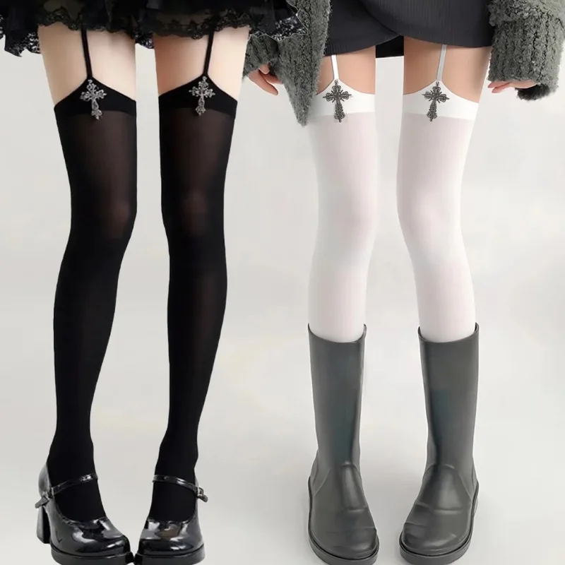 

Gothic Silver Cross Stockings Women Black White Suspender Thigh High Socks Over Knee Club Party Hosiery Sexy Lace Up Stockings