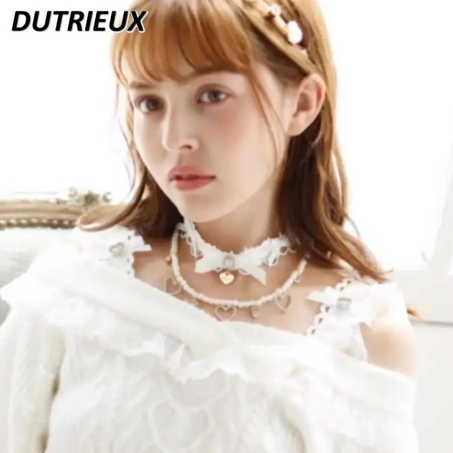 Mine Mass-Produced Sweet Girls Necklace Lolita Heavy Industry Double-Layer Pearl GEM Bow All-Match Neckband Accessories