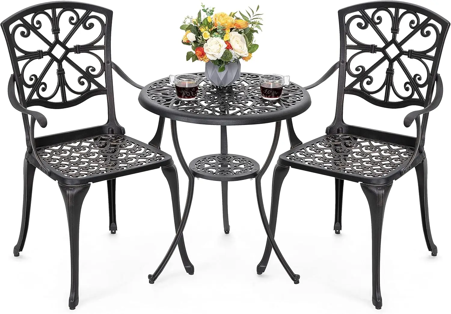 Outdoor Bistro Set Cast Aluminum Patio Set Bistro Table Set Rustproof Patio Table and Chairs with Umbrella Hole for Backyard, Ba