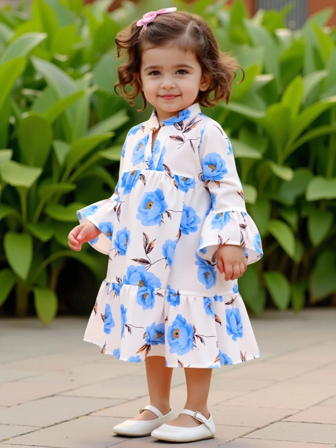 Girls' Romantic Floral Print Long Sleeve Dress Blue And White Bell Sleeve Loose Fit Girls' Dress