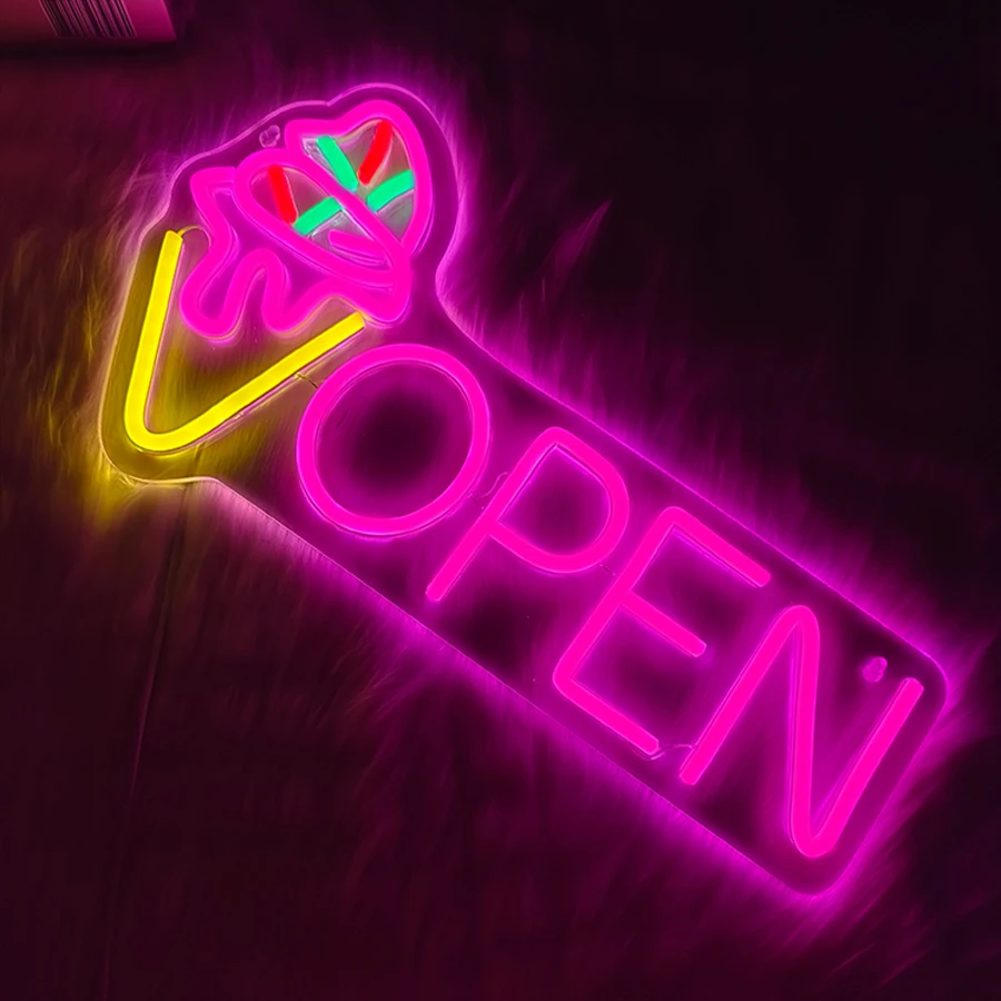 Ice Cream Cone Neon Sign, Open Pink Letter Lamp Usb Powered, Used In Restaurants, Cafes, Ice Cream Shops Business Decor Lights.