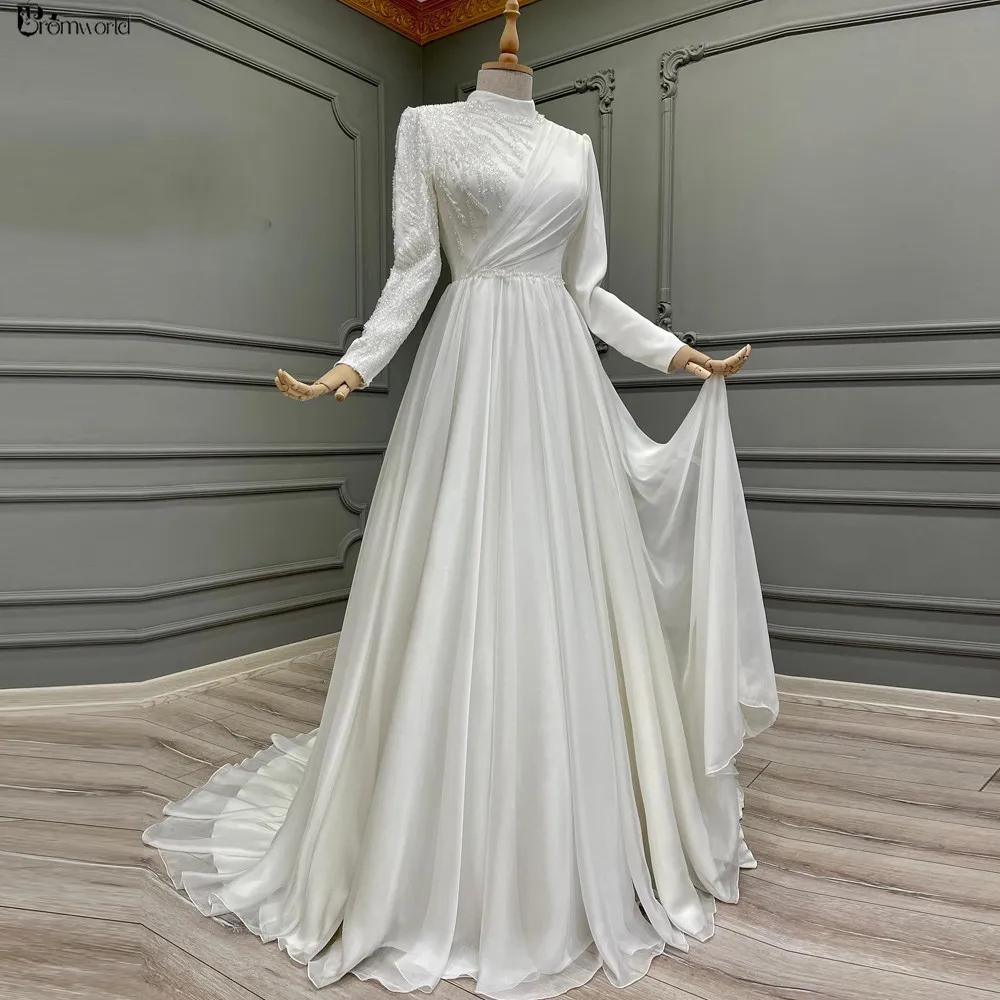 

A-Line Chiffon with Beading Muslim Wedding Dresses for Woman Bride Vestido De Casamento Sweep Train White Bridal Gowns