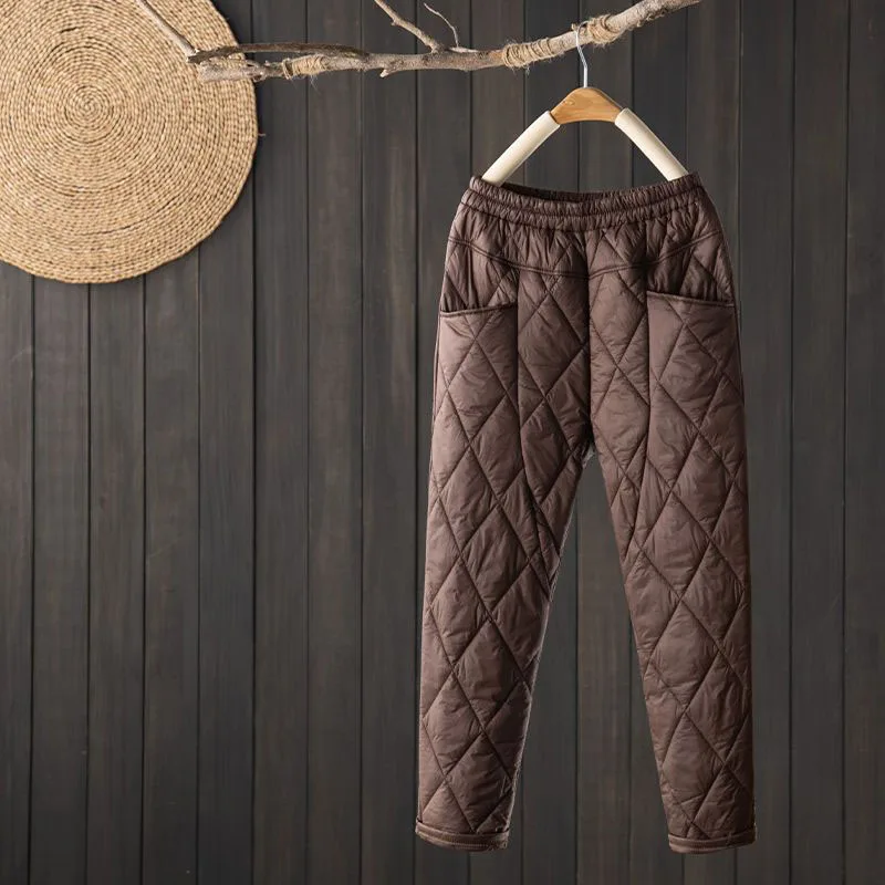 

2023 New Autumn Winter Fashion Women Pants Elastic Waist Diamond Plaid Down Cotton Pants Casual Loose Thicken Warm Harem Pants