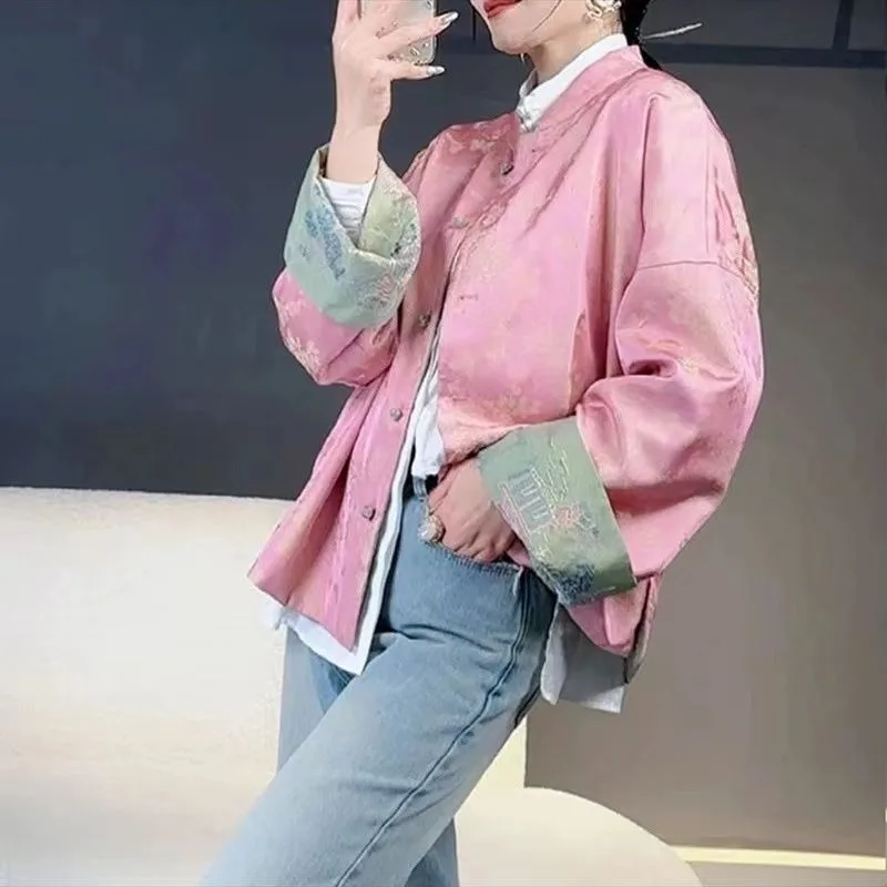 Women's Clothing New Coat Chinese Retro Embroidery Tang Suit Jacquard Button Fastening Double-sided Stand-up Collar Outerwear