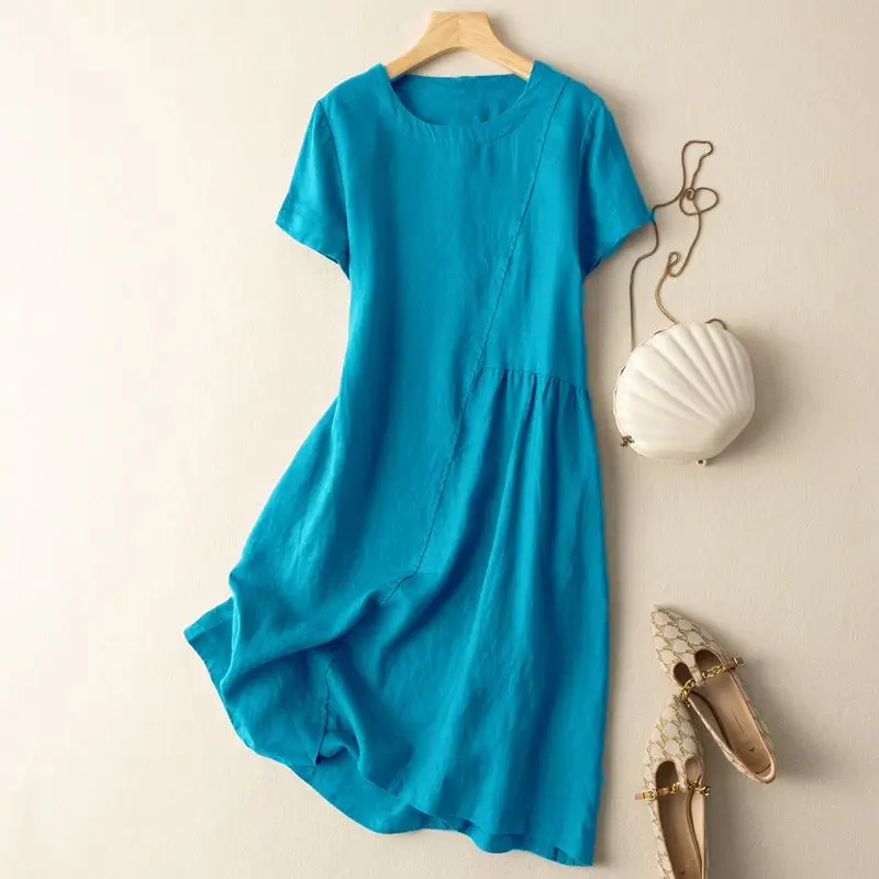 Short Sleeve Cotton Dress Women's Literature Retro Mid Length 2023 Summer New Style Round Neck Long Dress