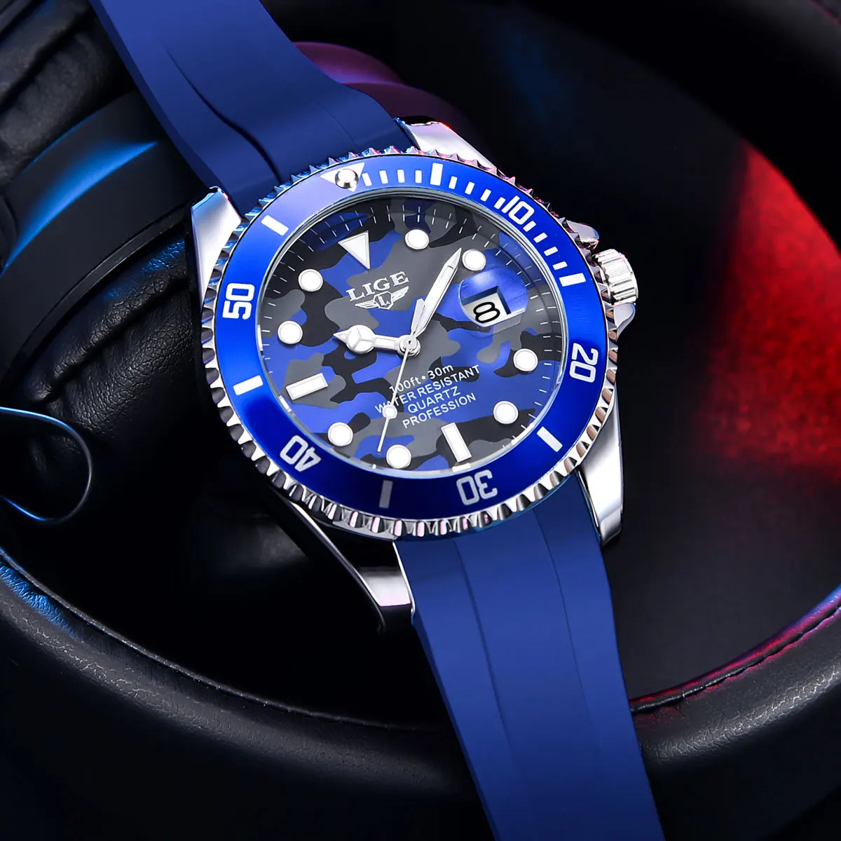 LIGE Man Watch Fashion Sport Quartz Watches for Men 3Bar Waterproof Luminous Date Clock Military Casual Silicone Wristwatch+Box