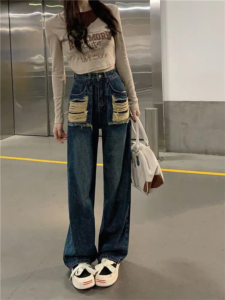 

Streetwear Fashion Ripped Jeans Women's Spring 2023 Clothes Vintage Do Old Loose Straight Denim Pant Female Pantalones De Mujer