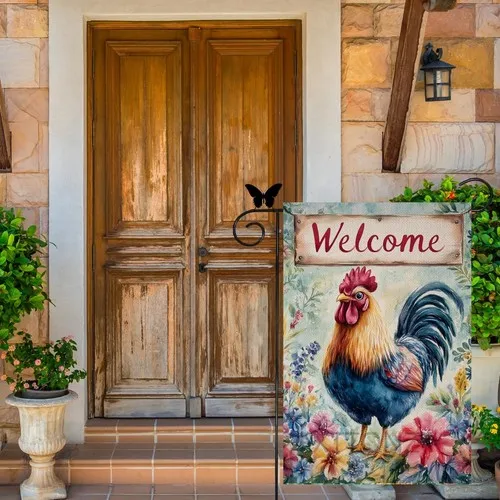 Welcome Spring Summer Rooster Garden Flag Double Sided Floral Flower, 12x18 RRI