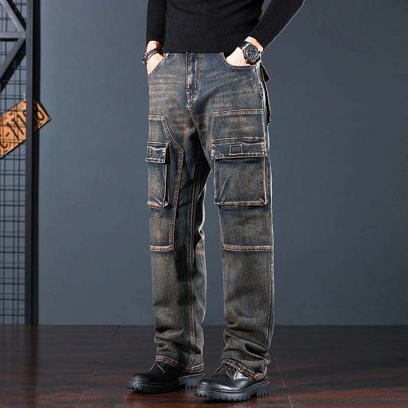 Men's Retro Nostalgia Work Jeans Men's multi-pocket workwear loose jeans Street hip-hop casual versatile daily fashion trousers