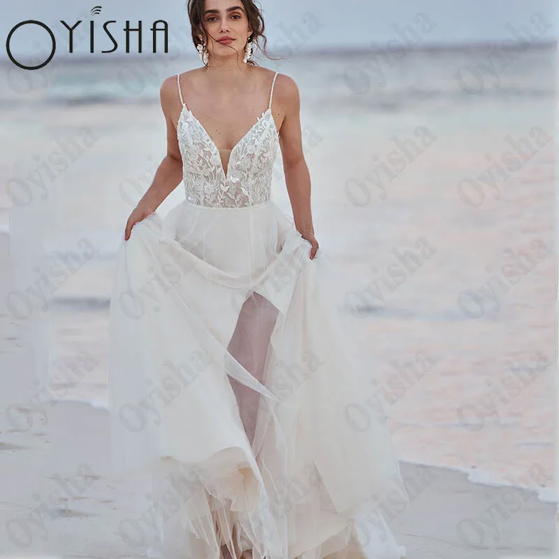 Oyisha Beach Tulle A-Line Bride Gown Appliques V-Neck Sleeveless Wedding Dress For Women Spaghetti Straps Backless Vestido Novia