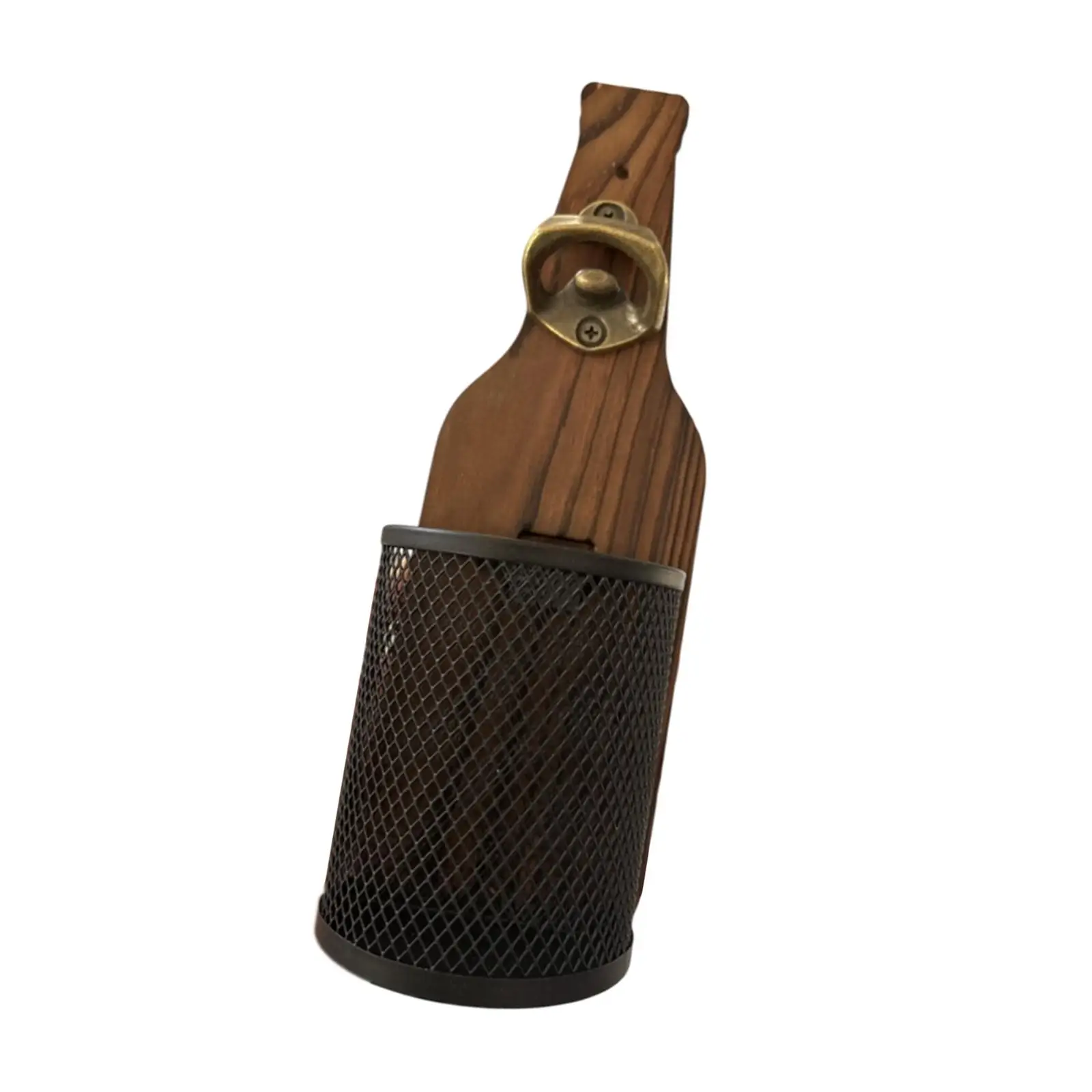 

Wall Mount Bottle Opener with Storage Basket Sturdy Multifunctional Lightweight Wood and Metal for Coffee Shop Rustic 25x8cm
