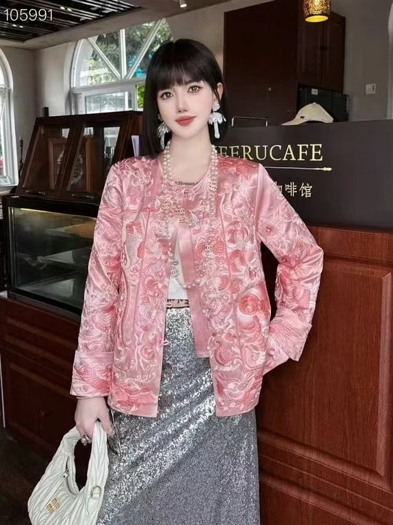 Spring New Chinese Style O-Neck Single Breasted  Long Sleeves 2025 High-End Acetate Fabric Women's Jacket S-XXL