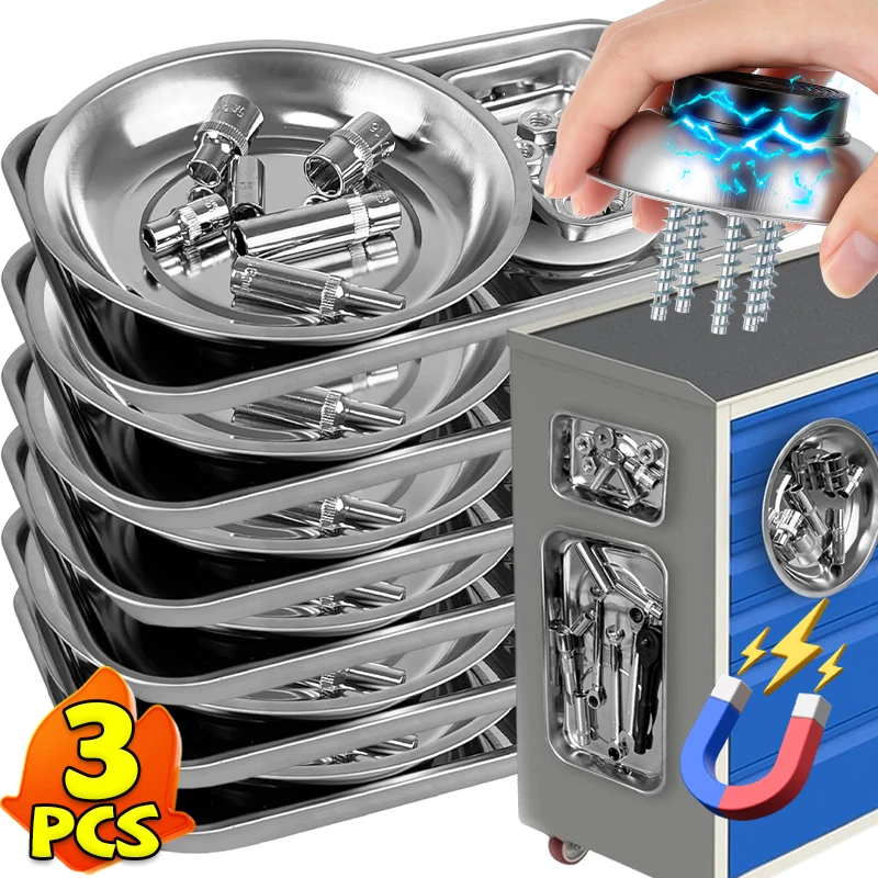 

Magnetic Tray Stainless Steel Magnetic Parts Securely Holder Round Rectangular Magnetic Bowl Tools Screw Wrench Organizer Tray