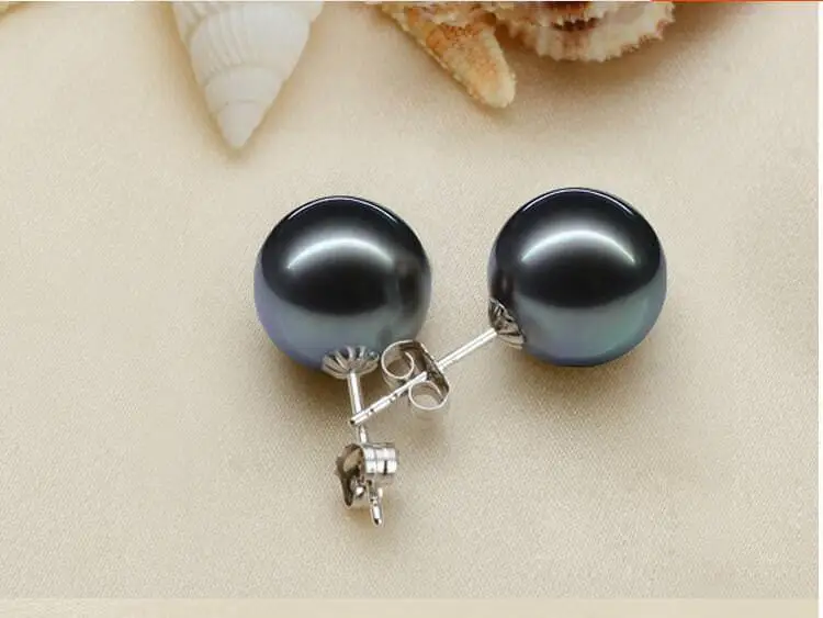 

Pair of 10-11mm natural south sea genuine round black pearl earring AAA