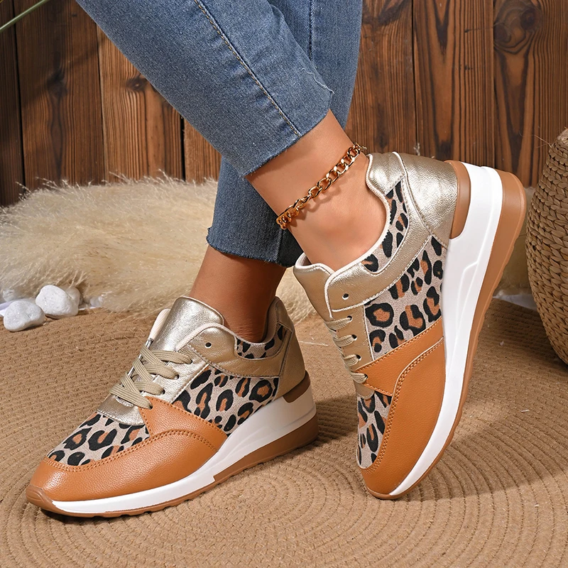 Leopard Wedge Sneakers Women Spring 2025 Chunky Platform Lace Up Vulcanized Shoes Woman Plus Size 43 Casual Shoes Trainers Mujer