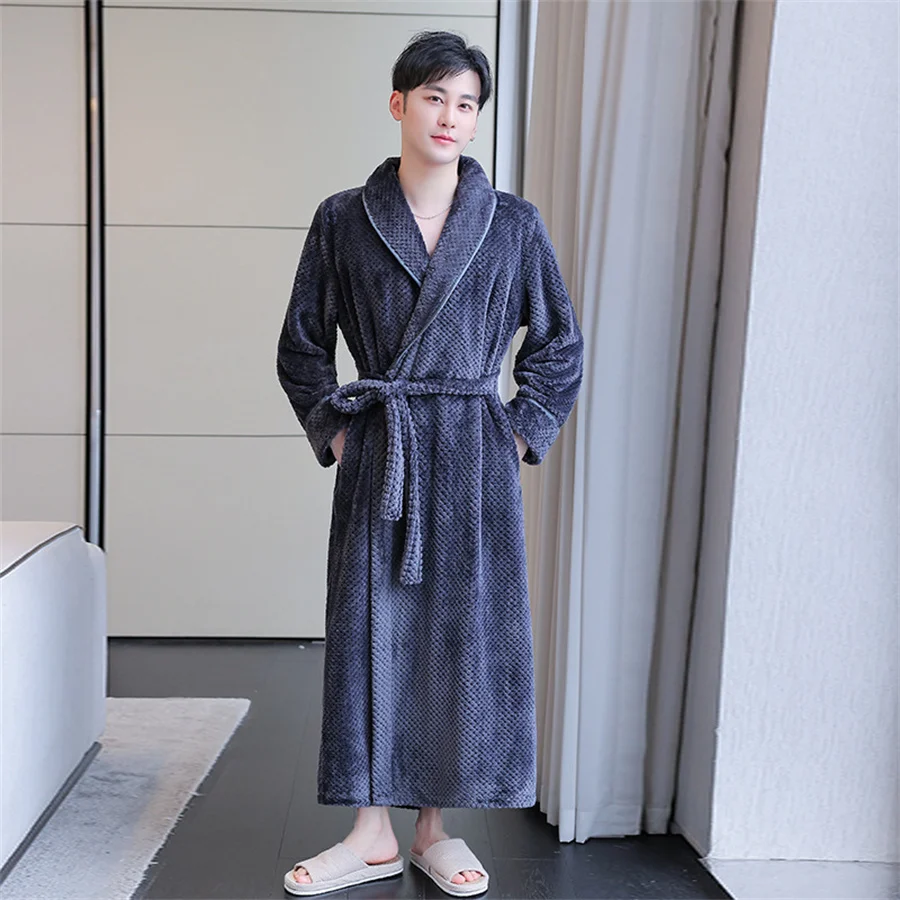 Autumn Winter Thicken Flannel Robes Warm Lace-up Bathrobe Men Fluffy Shower Robe Night Gown Male Sleepwear Long Housewear 3XL