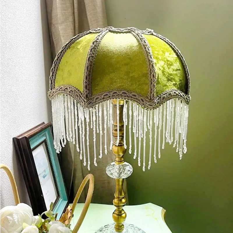 Paralume con perline di lusso retrò in velluto verde squisito coprilampada per luce da tavolo 27CM di larghezza morbida decorazione per la casa in