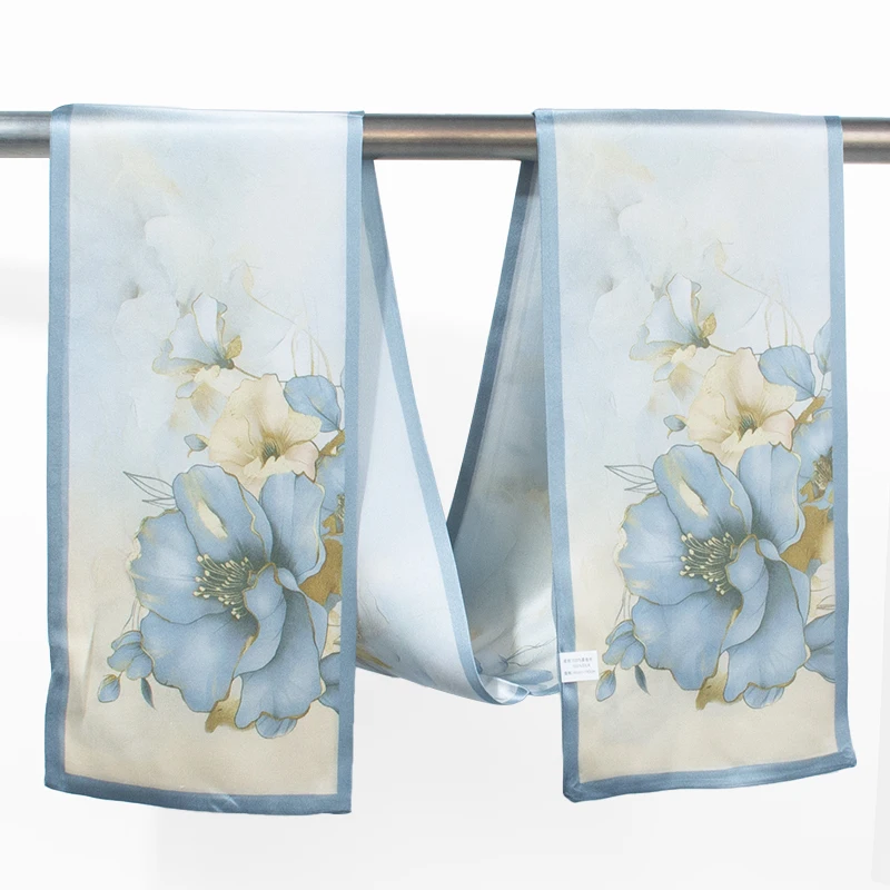100% Mulberry Silk Long Scarf, Double-sided Gentle Morandi Blue Floral Print, Women's Elegant Scarf, Headband, Waist Belt