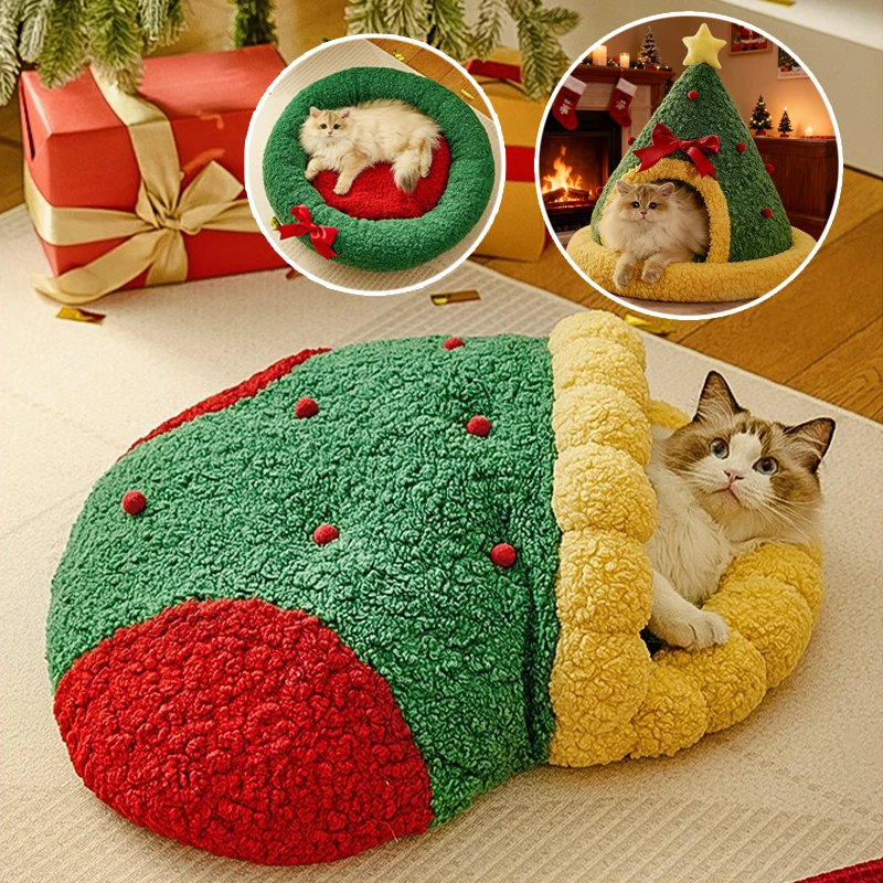 

Festive Christmas Sock Cat House Winter Warm Plush Pet Nest Semi Closed Kennel Design Detachable Soft Pad for Indoor Pets Decor