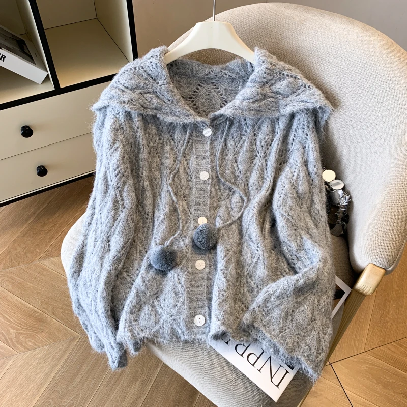 سترة سترة ذات ياقة بحرية لطيفة للنساء، فضفاضة وكسول في الخريف / الشتاء، سترة محبوكة متخصصة #3