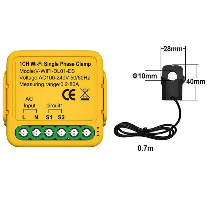 Tuya Bilaterale Wifi-Energiemeter 80a Ct Kwh Stroomverbruik Monitor Met Klem Geschikt Voor Alexa Google Home (B)