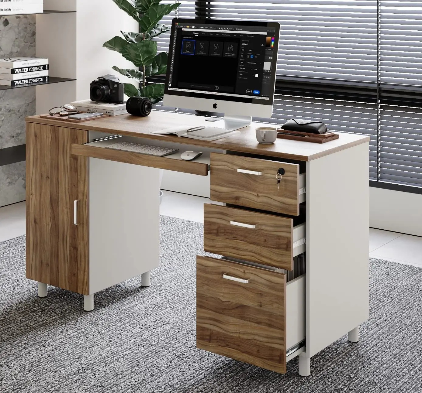 Modern Desk with Lockable Drawers, 53 Inch Office Desk with Keyboard Tray, Study Desk for Small Spaces, Walnut, Customized