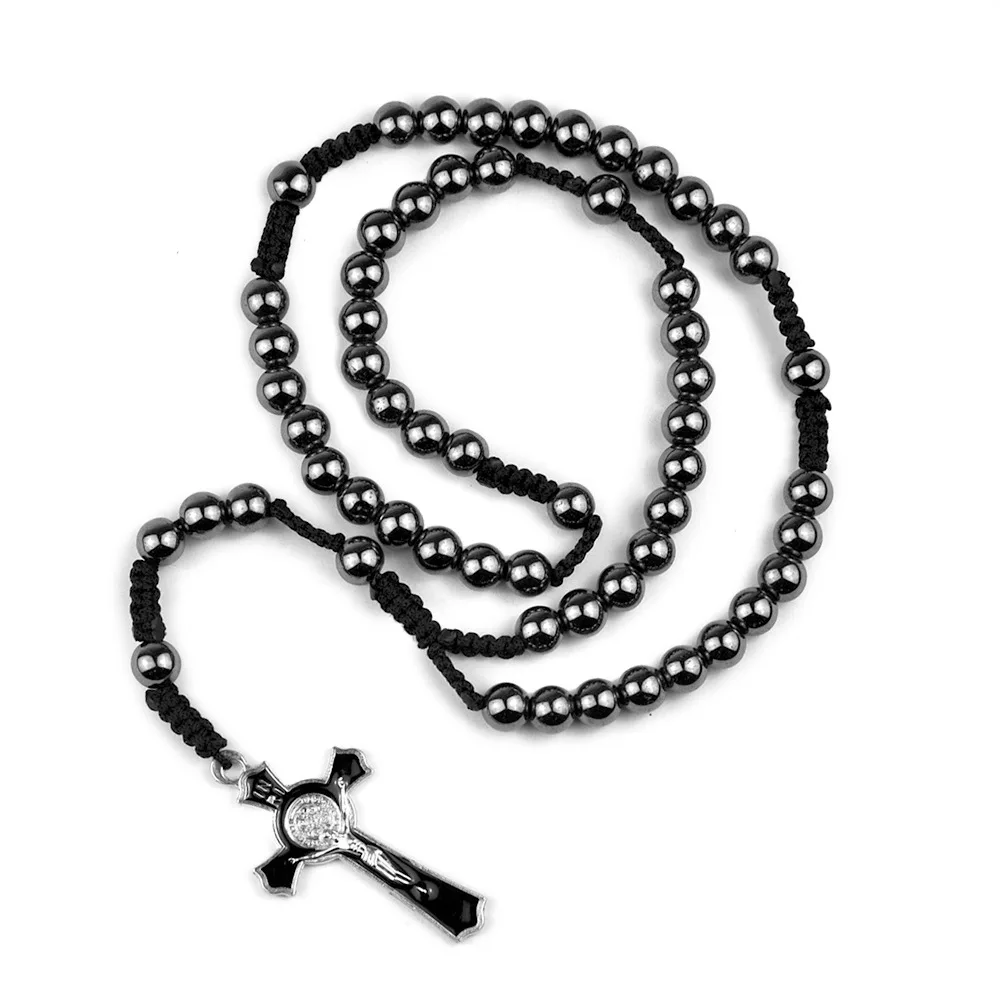 8MM Hematite Rosary Necklace For Women Men Prayer Beads Chain Crucifix Cross Pendant Religious Party Jewelry Gift