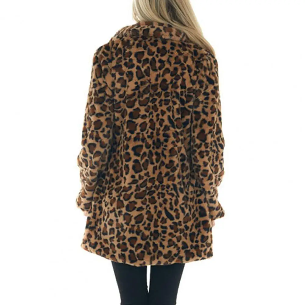 Imitation Fur Jacket Leopard Print Plush Coat for Women Stylish Windproof Mid Length Overcoat with Pockets Lapel Women Faux Fur