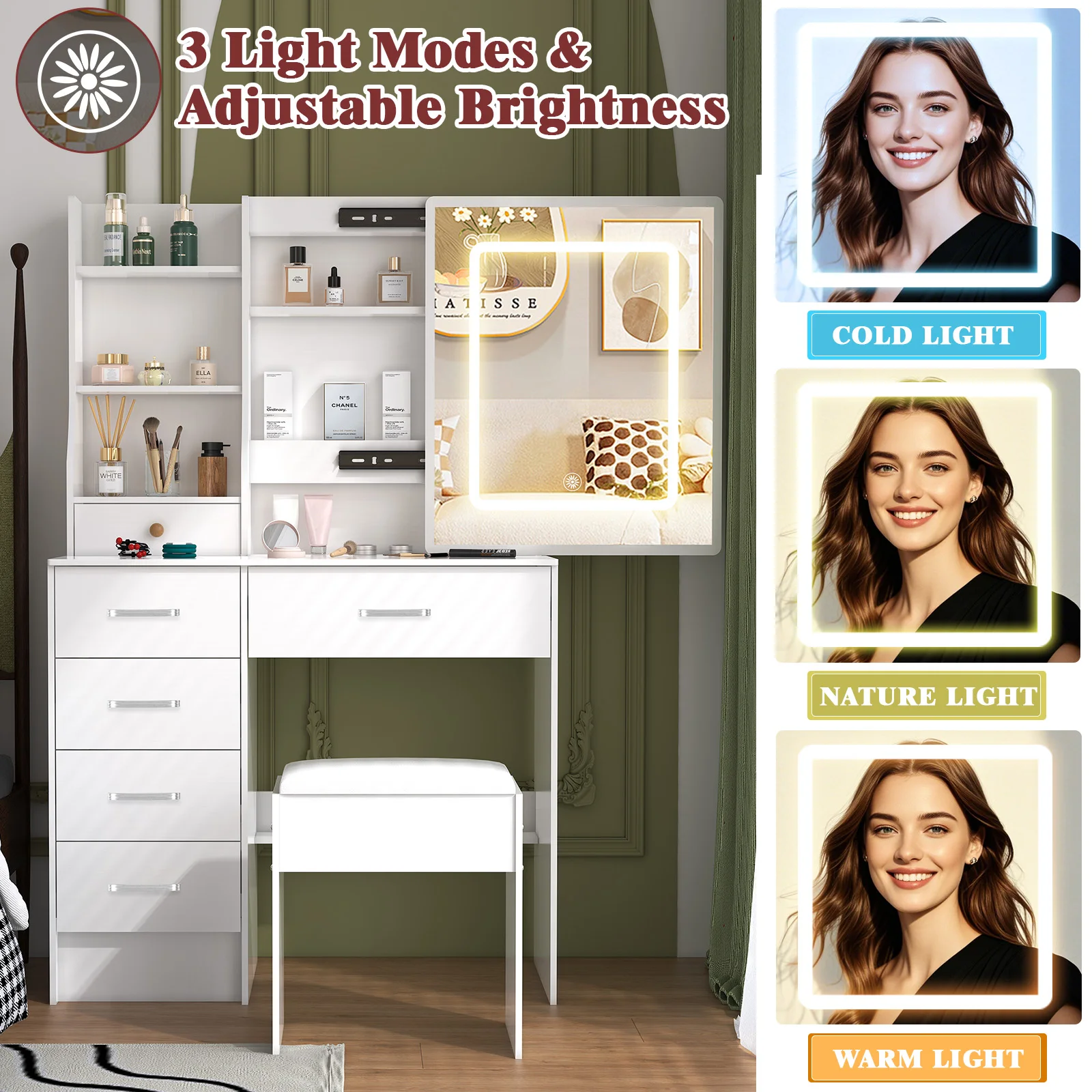 مجموعة مكونة من 10 مرآة LED لطاولة مكياج مع مقعد و5 أدراج #2