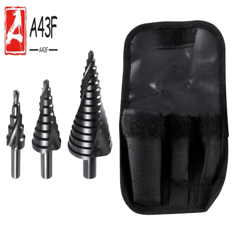 A43F-3PCS 4-32MM HSS Cobalt Step Drill Bit Set Nitrogen High Speed Steel Spiral For Metal Cone Triple-Cornered Shank Hole Cutter