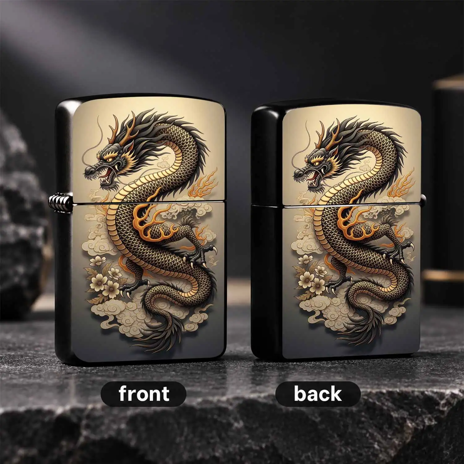 Vintage BLACK Gold Eastern style Dragon Pattern Lighter, Exquisite Printing Cloud Flame Flower Decor, Durable Non-slip Creative Collectible Gas Lighter, Ideal Gift for Men Elders, PORTABLE Desktop Ornament for Daily Ignition Use A fun and
