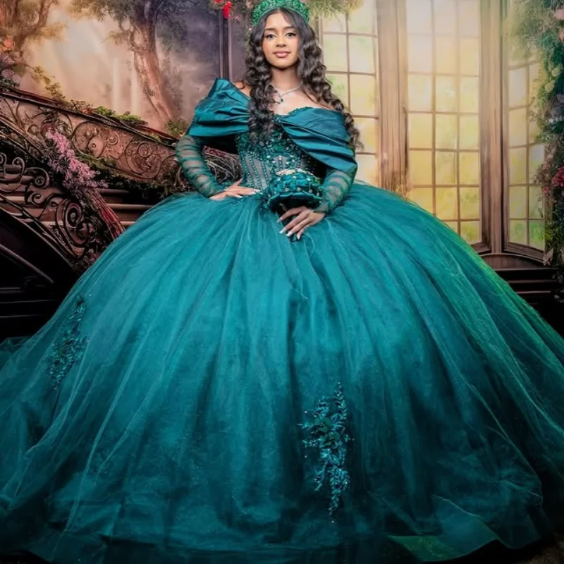 

Customized dark green Quinceanera Dresses Off the Shoulder Lace applique crystal 3D flowerLong tail Vestido 15 Quinceanera