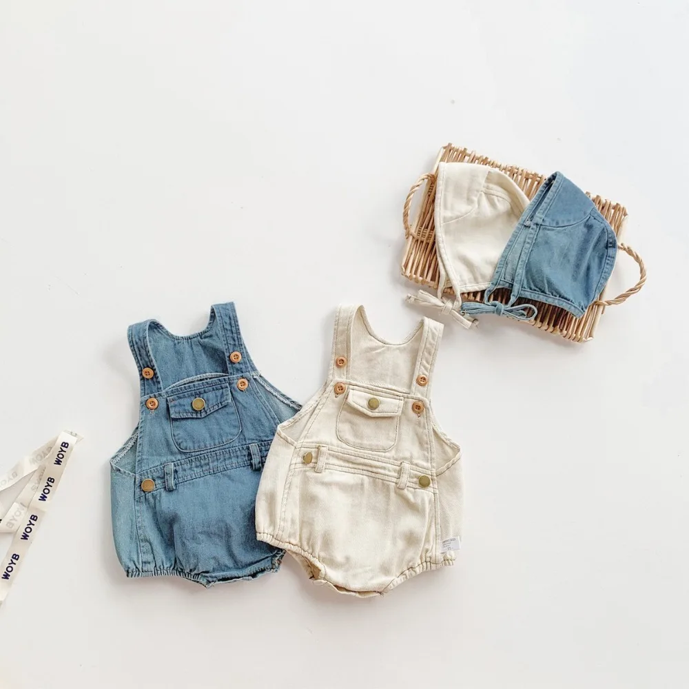 0-2Years Cute Newborn Baby Boy Girl Clothes INS Summer Solid Color Sleeveless Demin Romper Hat 2PCS Jumpsuit Outfits