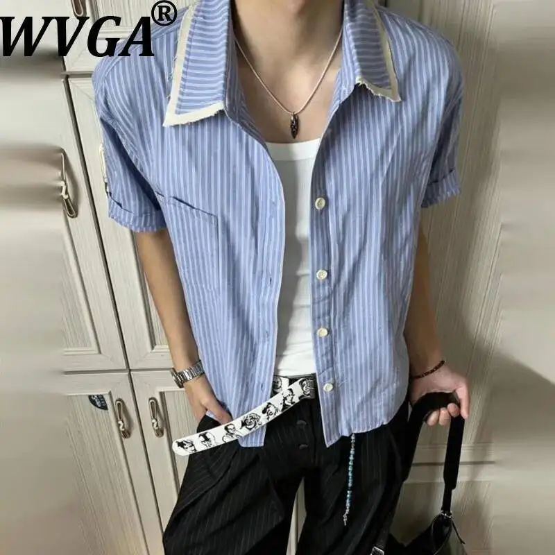 WVGA Summer New Men Washed Raw Edge Patchwork Striped Trendy College Style Casual Short Sleeved Shirt Niche Chic Tops Ins W23882