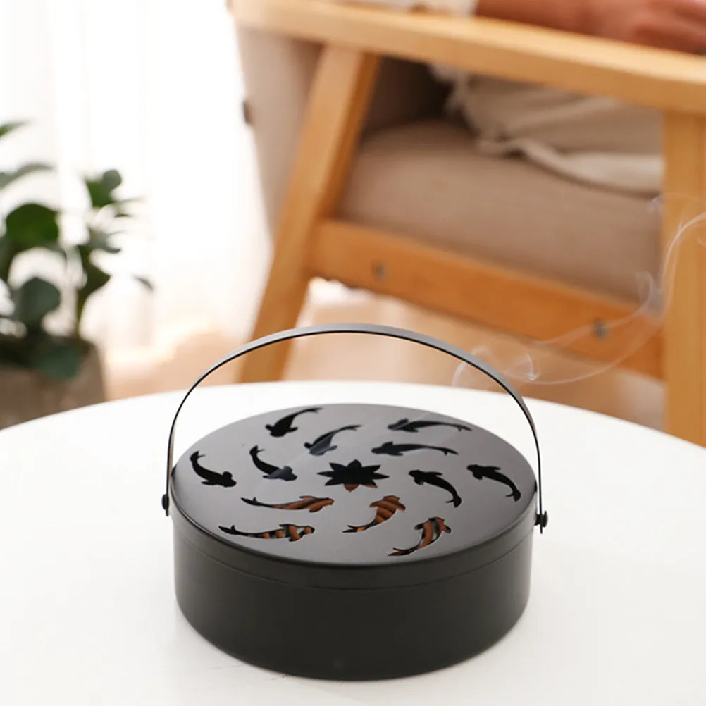 Iron Incense Holder Portable Black with Hollow Out Fish Pattern Lid Practical Coil Burner Box Incense Burner Box