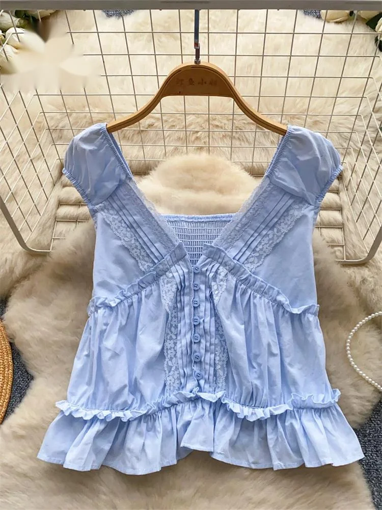 

Ruffle Lace Sweet Blouse Summer Korean Style V Neck Loose Shirred Mini Tops Women Casual Versatile Workwear Shirt
