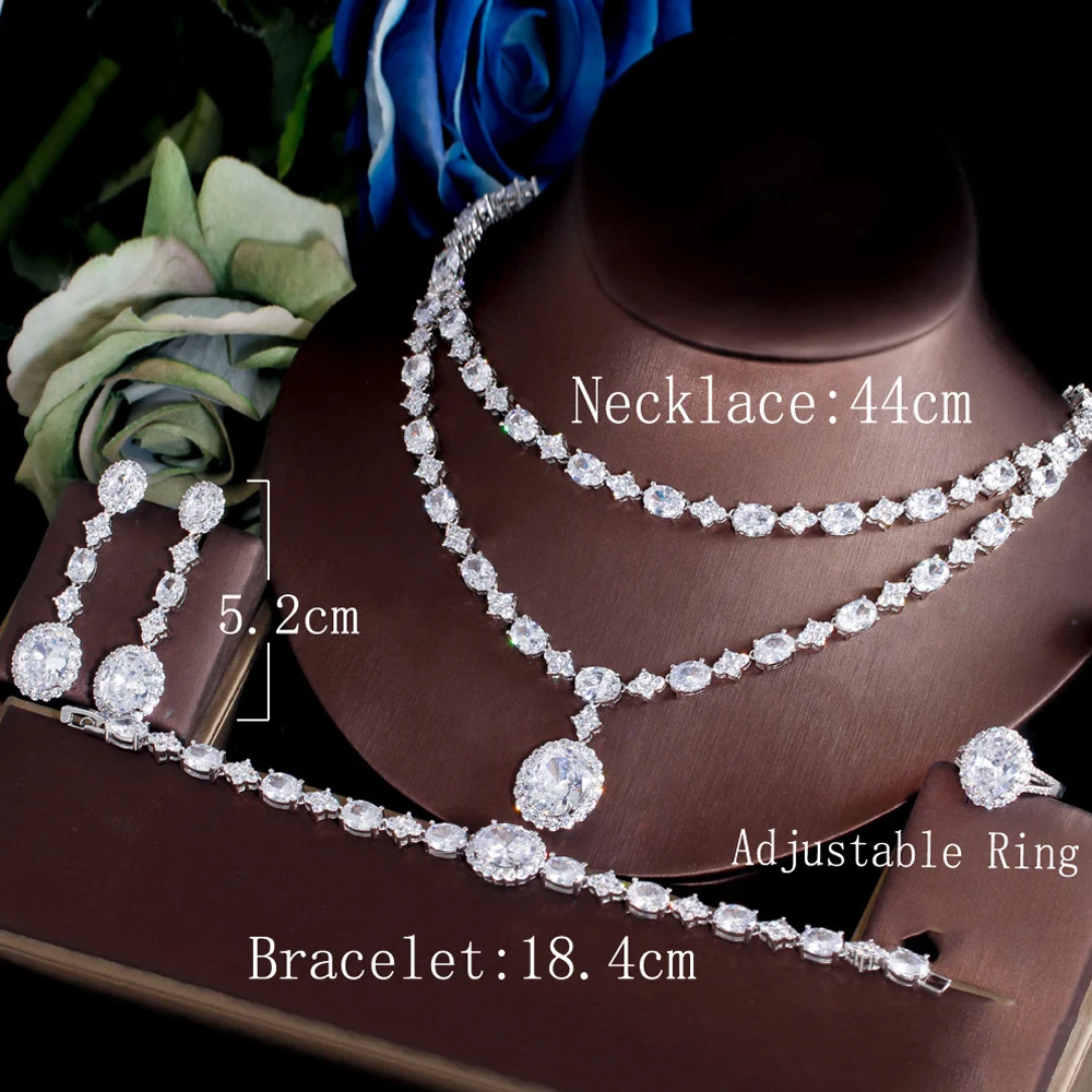 ThreeGraces 4 sztuk elegancki geometryczna cyrkonia czeski dwóch warstw naszyjnik Bridal Wedding Party komplet biżuterii damskiej TZ721