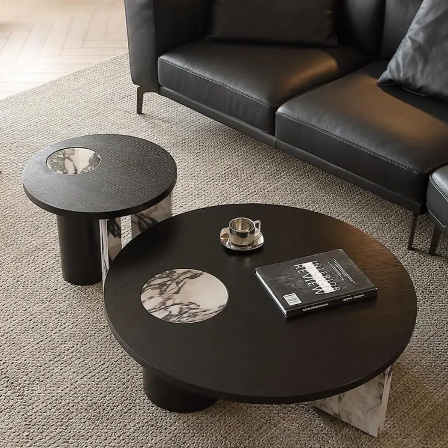 Meja Kopi Bundar Mewah 2025 - Meja Samping Minimalis dengan Permukaan Marmer Modern Italia untuk Ruang Tamu Kontemporer