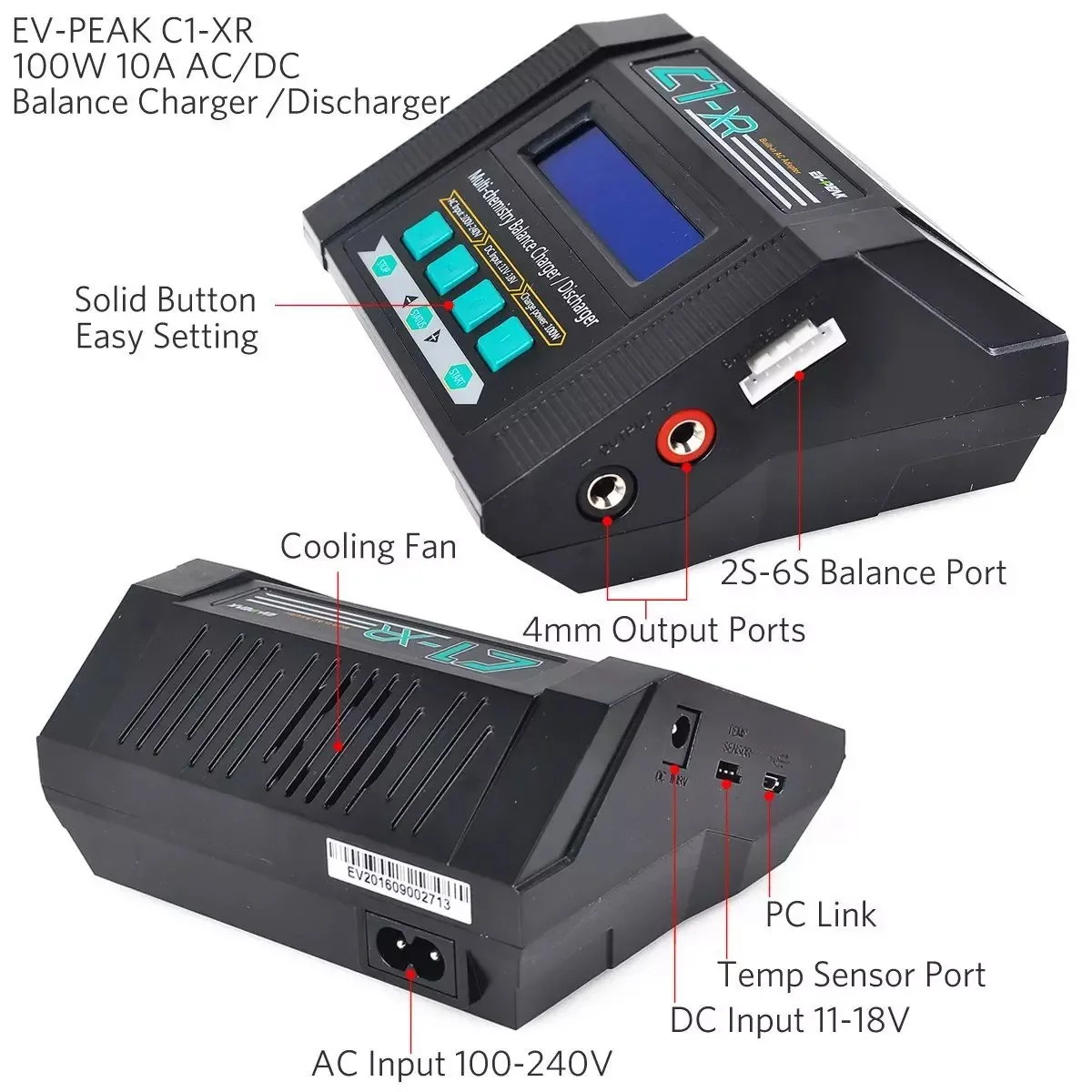 EV-Peak C1-XR multi-functional 100W 10A AC/DC dual input LiHV Capable easy AC balance Ni-mh Charger overcurrent protection