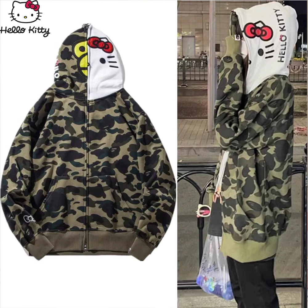 Sanrioed Hello Kitty Hoodie Coat อะนิเมะเสื้อกีฬา Streetwear ผู้ชายผู้หญิงฤดูใบไม้ผลิฤดูใบไม้ร่วงเสื้อสเวตเตอร์ถัก Hip Hop Casual หลวมแนวโน้มน่ารัก