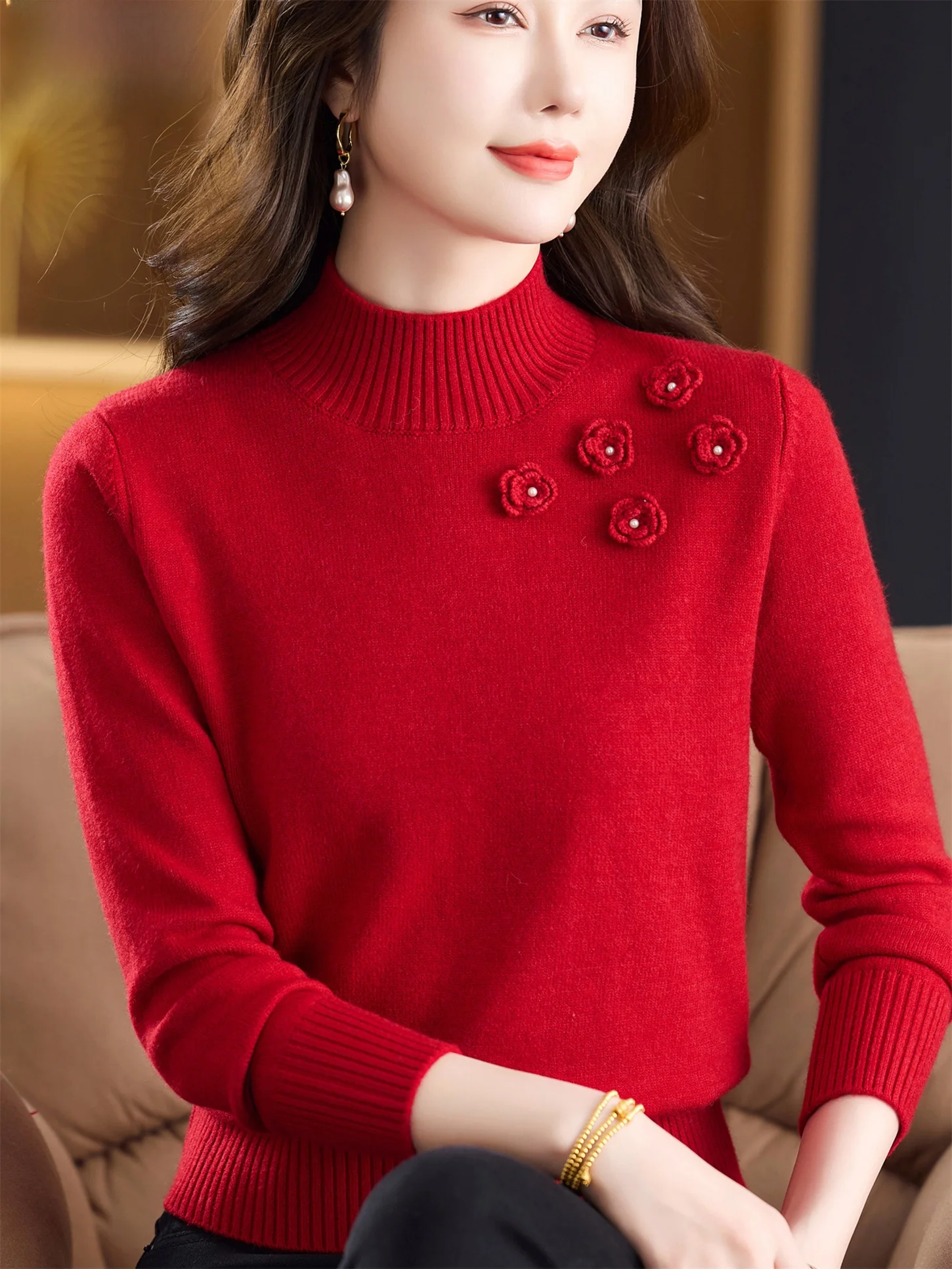 

Теплый шерстяной свитер с вышивкой и высоким воротником, однотонный, для мужчин среднего и старшего возраста, на осень и зиму