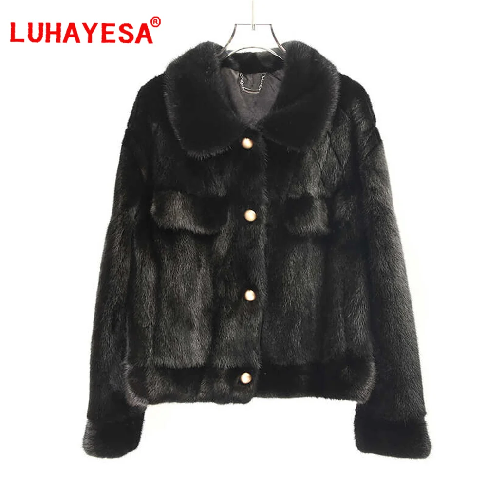 LUHAYESA-Chaqueta de piel de visón de lujo para mujer, ropa de piel de visón auténtica de alta calidad, color negro, novedad de 2024