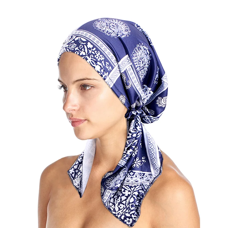 New Women Printed Pre-Tied Turban Cap Muslim Hijab Inner Caps Hair Loss Cover Beanies Bonnet Long Tail Headscarf Strech Bandana