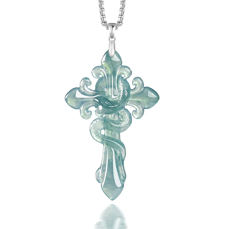 

Myanmar Jadeite Cross Pendant Necklace Charm Vintage Fashion Accessories Carved Amulet Jewelry 925 Silver Designer Real Jade